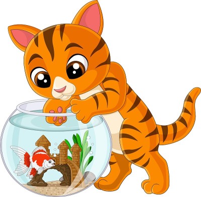 卡通猫想从水族箱里捉鱼