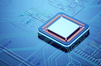 赛博朋克AI的3D渲染。电路板。技术背景。中央计算机处理器CPU和GPU的概念。数字芯片主板。技术科