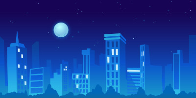 远处的夜景城市。向量城市景观与摩天大楼和家庭住宅，天际线照明市中心建筑。都市小镇大都市，高楼大厦，商