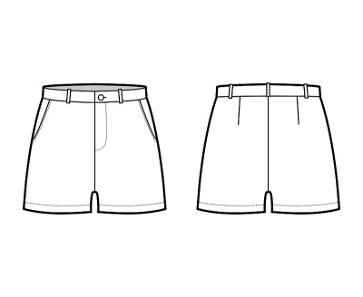 短裤技术时尚插图与中大腿长度，低腰，上升，开衩口袋。平底服装