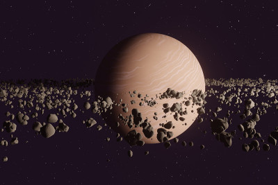 行星土星或木星近距离与石头环在太空。三维演示