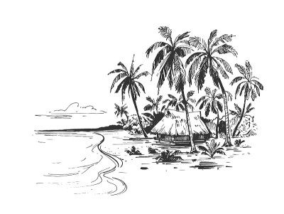 热带海滩与棕榈树和大海的素描。手绘投影转换为矢量