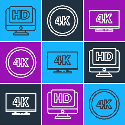设置线监视器高清视频，屏幕电视4k和4k超高清图标。向量