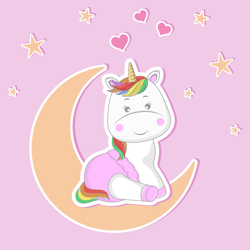 Adorable cartoon baby Unicorn in a pink diaper sit