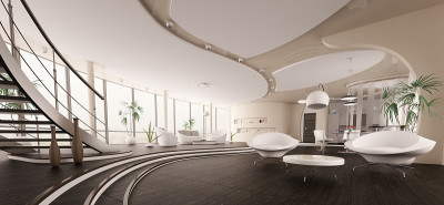 现代房子的内部全景3d渲染