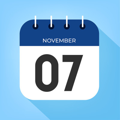 11月7日。数字7在一张白纸上，以深蓝色边框为清晰的蓝色背景向量。