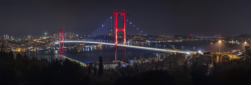 博斯普鲁斯全景。法蒂赫苏丹Mehmet桥，博斯普鲁斯桥，土耳其伊斯坦布尔