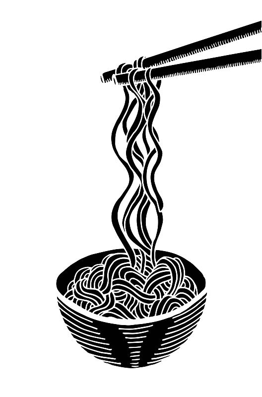 手画的涂鸦面条在碗和棍子。