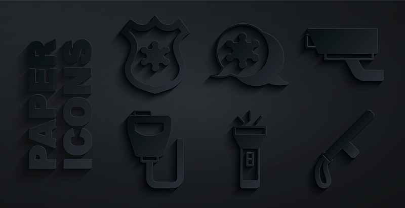 设置手电筒，安全摄像头，对讲机，警察橡胶警棍，治安官和徽章图标。向量
