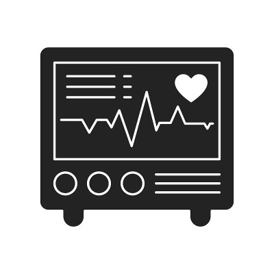 心电图黑色字形图标。检查病人心脏状况的医疗设备。用于网页、手机应用、促销的轮廓象形图。