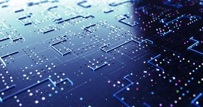 高科技未来AI处理器。实时处理数据。人工智能。3D渲染