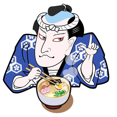 穿蓝色快乐外套的男人在吃拉面
