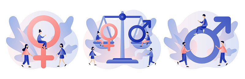性别平等的概念。女性和男性的性别标志。女权运动要求像男人一样的宽容，权利和平等的机会。现代平面卡通风
