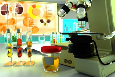 生物化学临床实验室试管上皮细胞或细菌尿液质量检测，医学3D插图