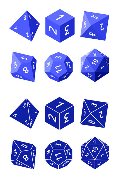 桌面游戏的D4、D6、D8、D10、D12和D20等距骰子(Flat and Glyph Style