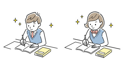 矢量插图材料:男孩和女孩在学校学习