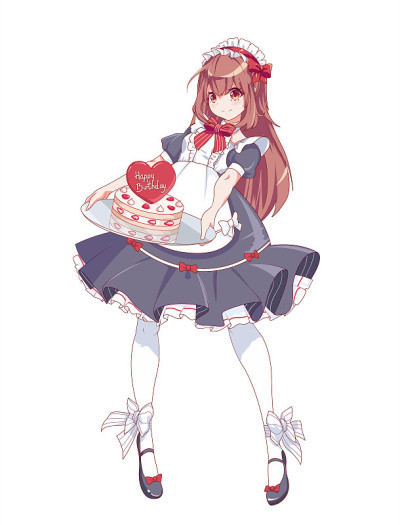 漫画中的女孩打扮成女仆。服务员用托盘端着一个生日蛋糕。矢量图
