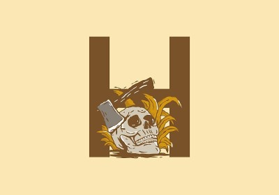 骷髅头和斧头插图，以H开头字母设计