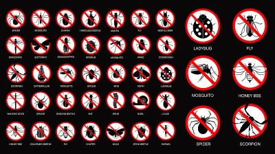 set of various insect prohibited in silhouette, wi
