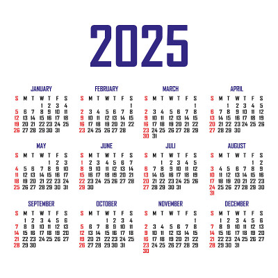 2025年日历。一周从星期天开始。简单的日历模板。垂直方向的肖像。文具年度组织者。向量