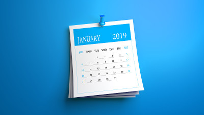 2019年1月日历上的蓝色背景