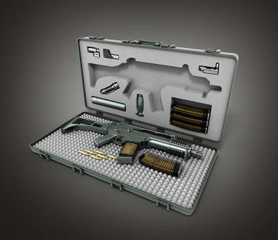 枪在公文包3d渲染在一个梯度的背景