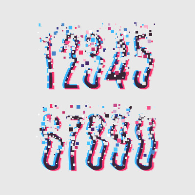 Glitch字体失真立体效果。数字衰减。损坏的图像矢量文件。数字矢量插图。图像处理的小故障。字母数字