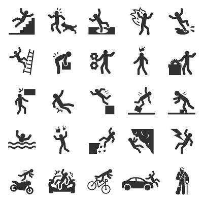 Accident, icon set. Falls, blows, car accidents, w