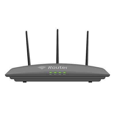 平面wifi路由器，三个天线隔离在白色。灰色外壳上的绿色二极管。用于因特网无线分发的装置。向量EPS