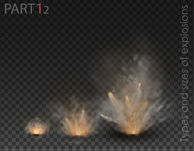 雾设置与不同类型和大小的爆炸隔离在透明的背景