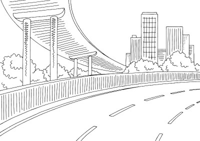 立交桥道路图形黑白城市景观素描插图矢量