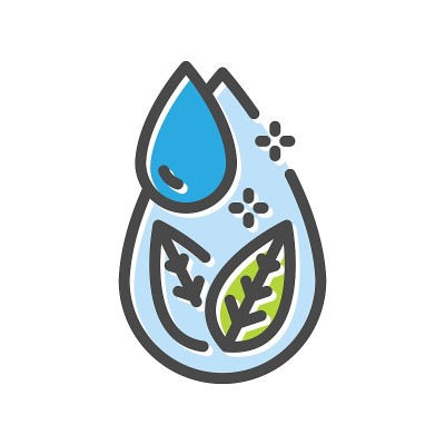 树叶和蓝色水滴细线图标，标志孤立在白色背景上。水污染