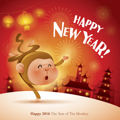 新年快乐!猴年。2016年中国新年。