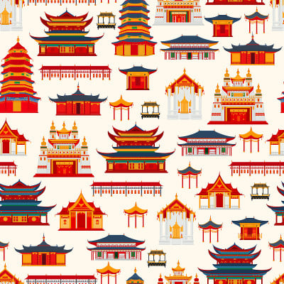 无缝矢量图案与中国传统建筑和寺庙