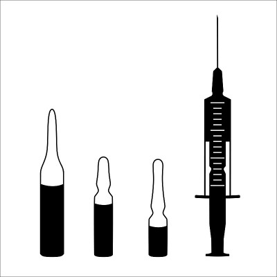 医用安瓿瓶和注射器图标隔离在白色背景。简单的医疗标志被隔离。安瓿简单的黑色图标。细线式疫苗安瓿。