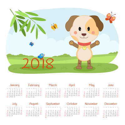 日历2018年。周日开始一周