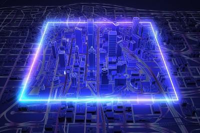 霓虹灯广场在黑暗的城市鸟瞰图