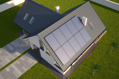 现代单户住宅屋顶上的太阳能板-顶视图，3D插图