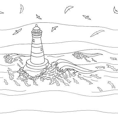 无缝模式与轮廓信标和海鸥。海洋矢量插图。手绘涂鸦黑白海浪，灯塔，飞鸟。纹理墙纸，卡片，着色书
