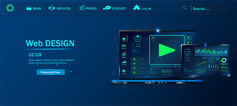 申请的网站。创建一个移动应用程序。用户体验。各种UI, UX，图形界面的笔记本电脑屏幕的现代信息图形
