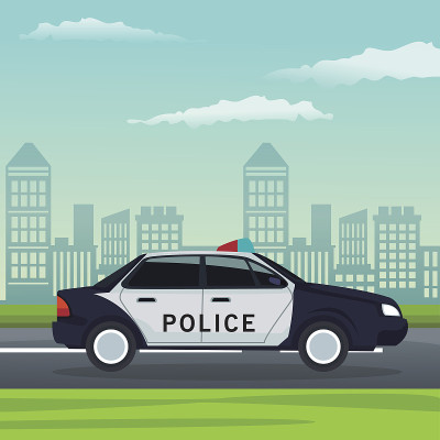 色彩背景城市景观与警车车辆在街道上运输