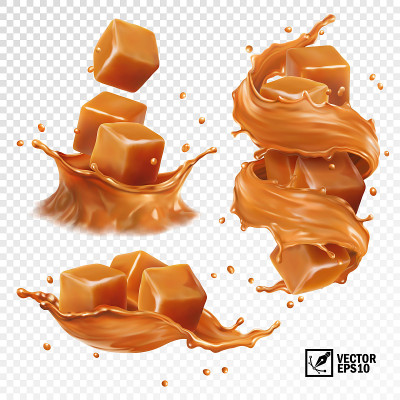 3D现实的焦糖喷溅矢量集，片和块焦糖，在皇冠和漩涡的形式喷溅