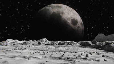 从月球表面看到的太空行星。月球表面布满了小岩石和沙子。飞越月球环形山。概念空间抽象背景。