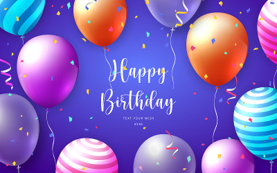 优雅生动活泼的彩色气球和派对彩带庆祝生日快乐卡片横幅模板