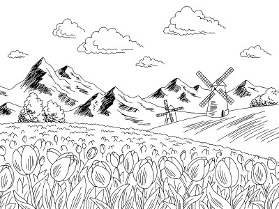 郁金香花田图形黑白景观素描插图向量