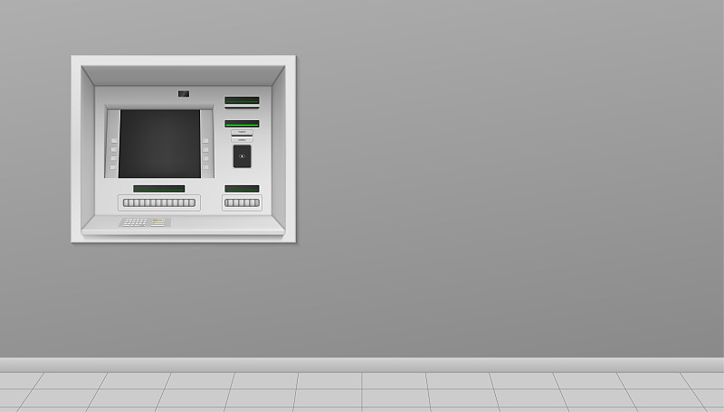 现代ATM设备在空灰墙室内或室外建筑逼真的矢量插图