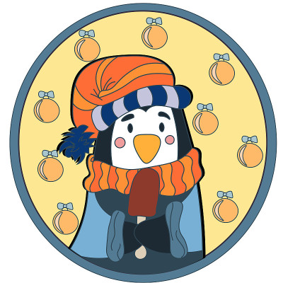 圆框里戴着帽子和围巾的小企鹅。新年的集合。