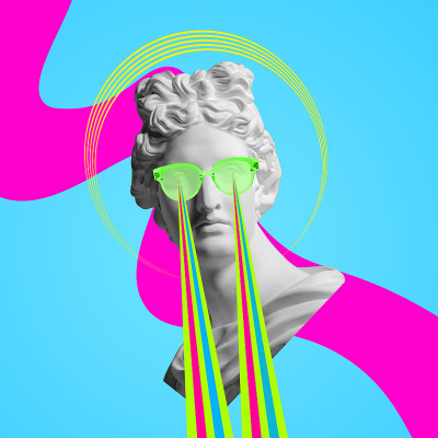 现代观念艺术拼贴与古代雕像。当代艺术。
