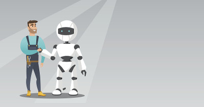 Young caucasian man handshaking with robot