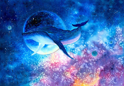 水彩画-潜水与鲸鱼在太空